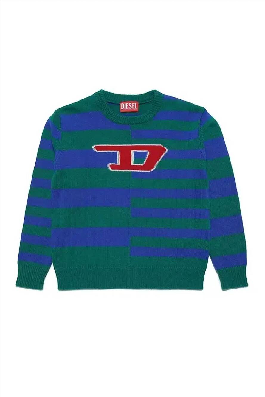 NEW DIESEL kids knit striped logo sweater in green